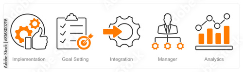 A set of 5 Project Management icons as implementation, goal setting, integration