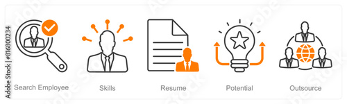 A set of 5 recruitment icons as search employee, skills, resume