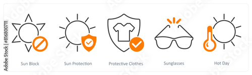 A set of 5 Sun Protection icons as sun block, sun protection, protective clothes
