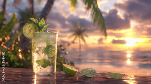 Refreshing mojito cocktail on a tropical beach at sunset.