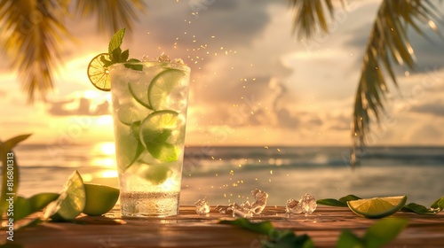 Refreshing mojito cocktail on a tropical beach at sunset.