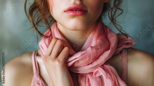 Young woman ties a pink scarf