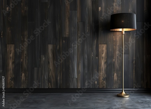 dark room wall with wood paneling, floor lamp on the right side of photo, wall is dark gray color, photo realistic