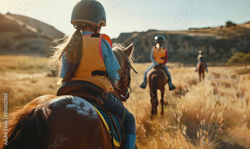Lively and joyful scene of children riding horses, evoking an adventurous spirit and connection with nature. This image captures the joy and innocence of childhood, ideal for concepts of family 