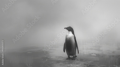 A penguin is standing on a wet surface, looking out into the distance