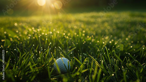 Sun-kissed green, dewy grass, a solitary golf ball waits.