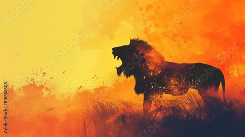 A lion is standing in a field with a yellow background