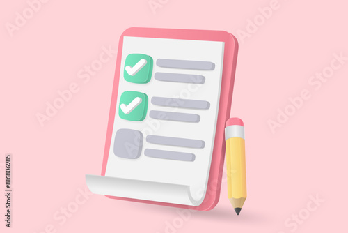 3d minimal white clipboard task management todo check list, posting plan on white background, paper clipboard task management todo check list with pencil, level up concept, 3d pencil note