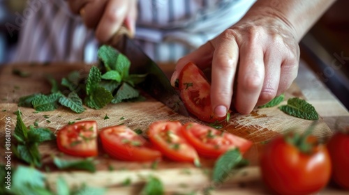 A person slicing tomatoes on a wooden cutting board. Great for cooking or food preparation concepts