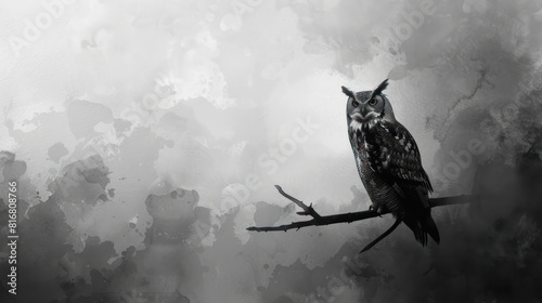 A black owl is perched on a branch in a dark, cloudy sky