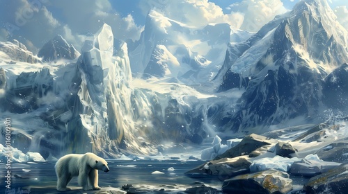 A majestic glacier landscape with towering ice formations and a polar bear