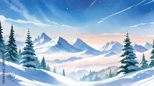 a painting of a snowy mountain scene with pine trees