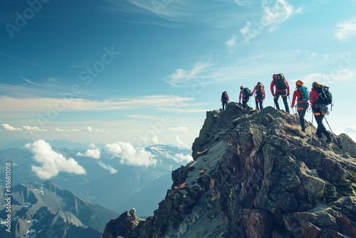 Group of climbers moves through mountains using belay. Clean and clear weather