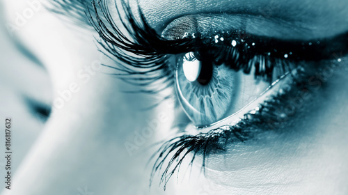 Olho de mulher azul lindo com cílios pretos, closeup. Um olho humano com reflexo de luz