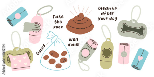 Dog poop bags set. Poop bags in holder. Packet for dog poo. Cartoon, flat. Isolated vector illustration eps10