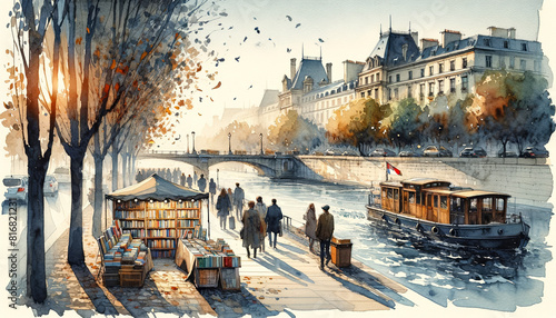 Watercolor drawing illustrate the life in urban city with beautiful architecture in Europe with people standing to buy a book the store.