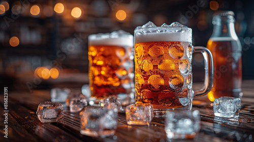 isolated golden-brown color transparent glass alcohol mug with handle, full of beer and foam on a wooden bar table top 