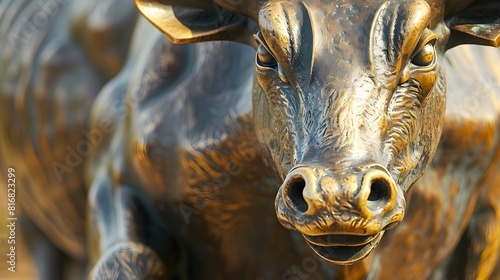 A close up of a bronze bull statue with nostrils flared and eyes wide conveying a sense of power and determination in bitcoin