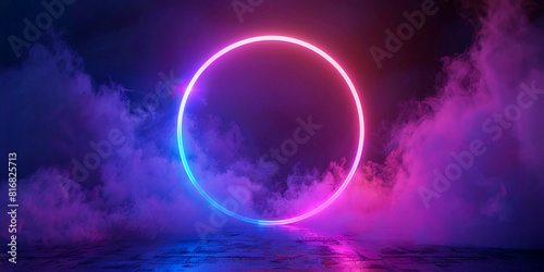 Representación 3D de un colorido anillo de luz de neón sobre un fondo oscuro y brumoso: Marco redondo brillante en el cielo - Papel pintado minimalista abstracto, perfecto para diseños modernos