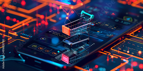 A shopping cart is shown in a digital image with a bright orange background by ai generated image 