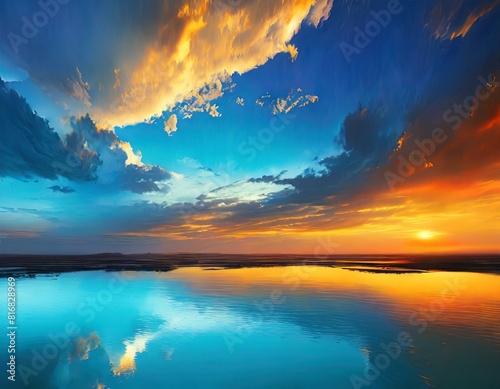 美しい大自然のオレンジと青のグラデーション空と反射する水面壁紙背景