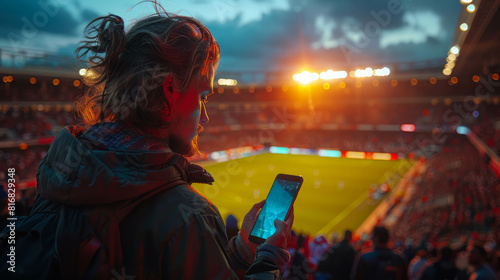 Experience the excitement of football on-the-go with a smartphone over-the-shoulder view for passionate fans. AI generative.