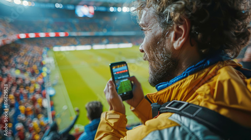 Capture the intensity of football fandom with an over-the-shoulder view of a smartphone screen, delivering live action to fans. AI generative.