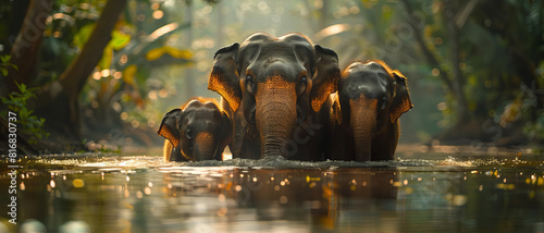 Asian elephant family bathing in a river with lush green forest backdrop