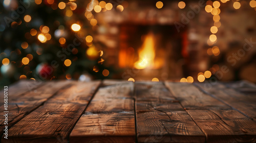 A wooden table is positioned in front of a cozy fireplace adorned with twinkling Christmas lights. 