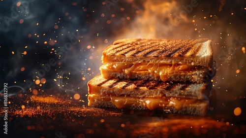 Floating grilled cheese sandwiches in a creative, dark smoky backdrop with copy space for advertising