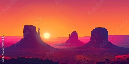 Monument Valley at sunset. Desert landscape with rock formations under pink sky.