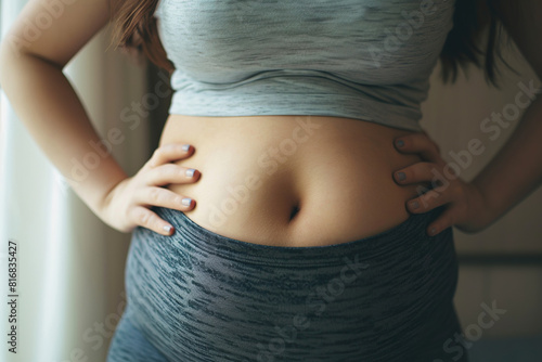 Pregnant woman in tight clothes. Female body fat belly.