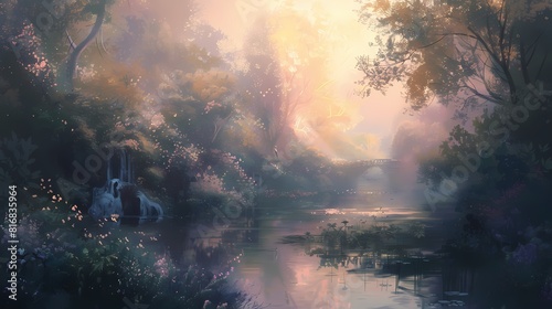 Subdued pastel shades casting a soft glow, enveloping the scene in a serene aura.