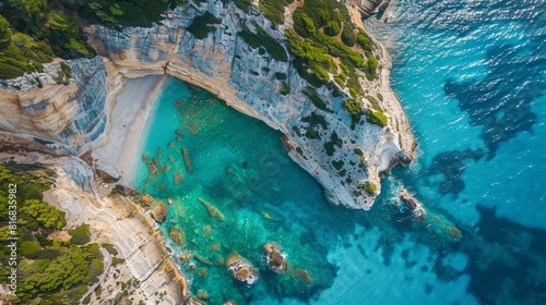 Aerial Drone view of the Mizithres Beach, Zakynthos in Greece.