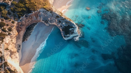 Aerial Drone view of the Mizithres Beach, Zakynthos in Greece.