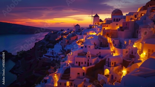 After sunset hour at Oia village of Santorini island in the Cyclades, aegean sea, Greece. 