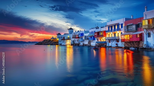 Beautiful famous landmark Little Venice in Mykonos Island on Greece, Cyclades
