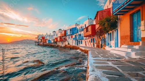 Beautiful famous landmark Little Venice in Mykonos Island on Greece, Cyclades