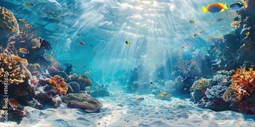 An underwater scene of a coral reef with sunbeams. Ideal for nature and marine life concepts