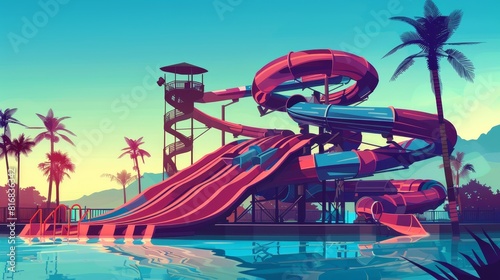 A water park with a red and blue slide