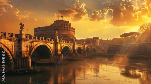 Castle Sant Angelo (Mausoleum of Hadrian), bridge Sant Angelo and river Tiber in the rays of sunset in Roma, Italy. Rome architecture and landmark. Rome cityscape. 