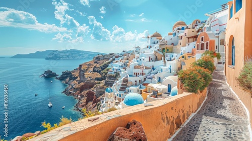 Cityscape of the village of Oia in the Santorini Island, Greece. Santorini is an ancient volcano located in the middle of the mediterranean sea, surrounded by crystalline and refreshing waters. 