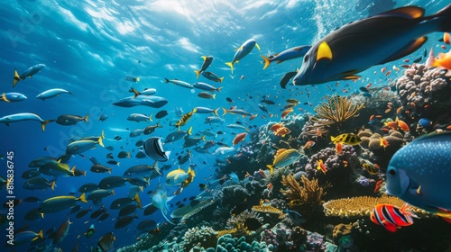 A multitude of fish of various species swimming together in the vast expanse of the ocean.