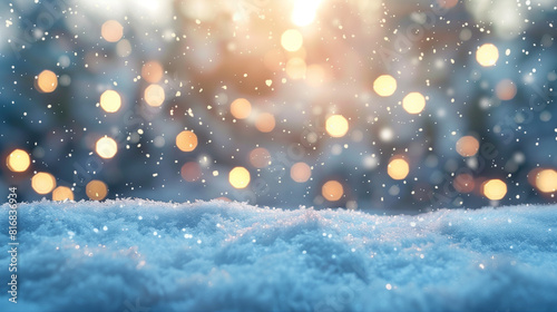 A snowy winter setting with soft focus bokeh lights in the background, creating a festive and wintery ambiance. 