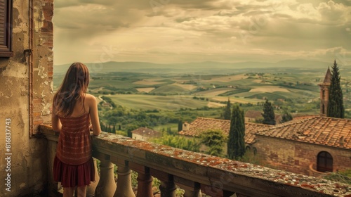 Montepulciano, Tuscany, Italy, Girl looks at the landscape of the city and countryside from the balcony 