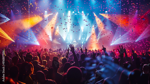 A lively crowd of music enthusiasts gathers in front of a colorful stage, illuminated by vibrant lights. Confetti fills the air as the audience enjoys the electrifying atmosphere of the concert