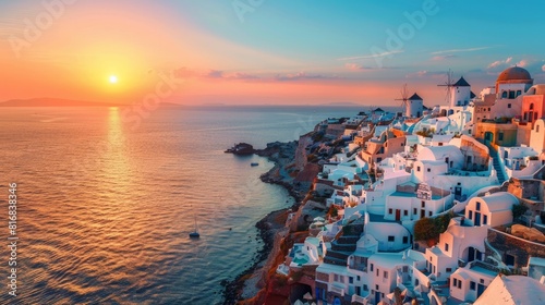 Oia town cityscape at Santorini island in Greece at sunset. Aegean sea 