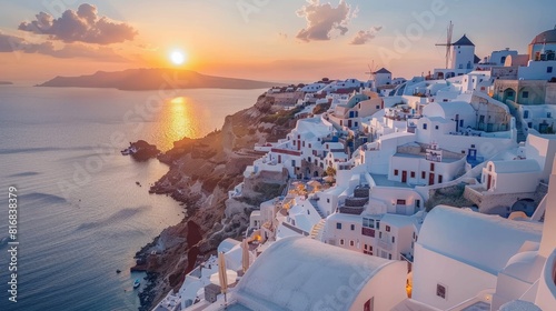 Oia town cityscape at Santorini island in Greece at sunset. Aegean sea 