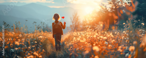Illustration of a child with backpack walking alone on the blooming field in sunset. Love of nature concept.