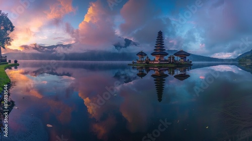 Panorama of Sunrise at Pura Ulun Danu Beratan Bedugul temple on a lake in Bali, Indonesia 